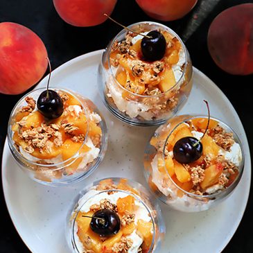 Peach and granola parfait is breakfast and dessert