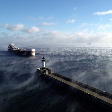 Unusual sea smoke engulfs ships approaching Duluth port