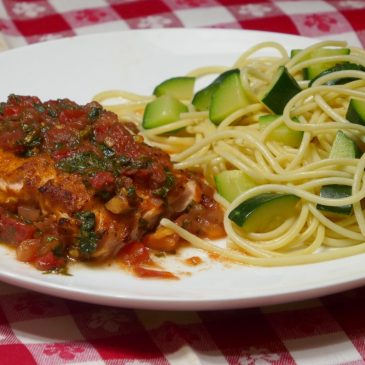 Quick Fix: Tomato Basil Sauced Salmon and Spaghetti with Zucchini