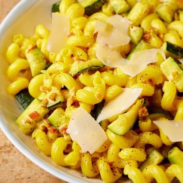 Saffron brings a golden hue to this fresh combination of zucchini and pasta