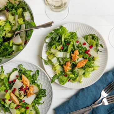 Thanksgiving salad with pears, Parmesan and pomegranate seeds, starring puff pastry croutons