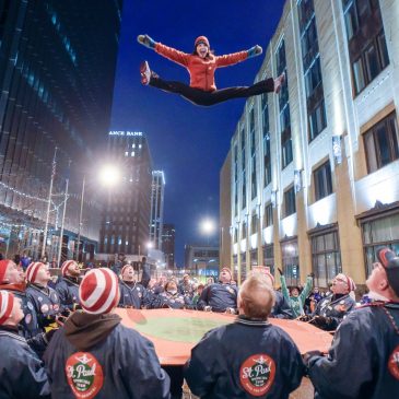 Carrying on the Winter Carnival’s oldest tradition, the St. Paul Bouncing Team still flies upward