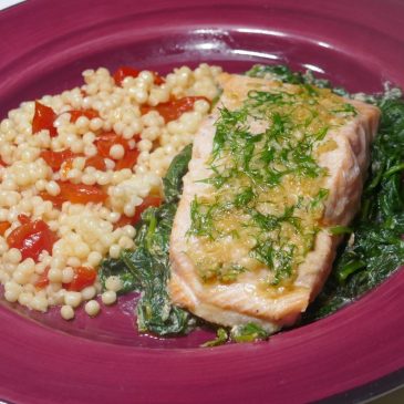 Quick Fix: Garlic and Herb Salmon on Creamy Spinach with Pimento Couscous