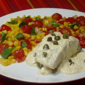 Quick Fix: Simple Poached Fish with Caper Sauce and Quick Corn and Tomatoes